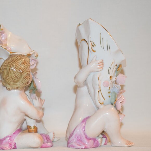 Vintage Pair Porcelain Cherub Cornucopia Figurines - Picture 8 of 10